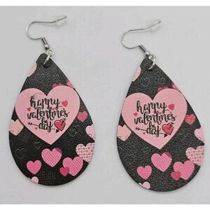 Valentine Happy Valentine’s Day Heart Faux Leather Teardrop Dangle Earring